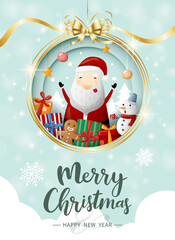 Christmas poster and greeting card template with Santa, snowman and gift boxes on pastel green background. Vector illustration for banner, flyer, greeting card, poster and advertisement.