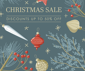 Web banner cute design illustration with blue background, beige sparkles stars, tree toys, coniferous branches with Sale Discounts up to 50% off sign - 474188878