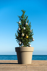 A small Chinese tree decorated with Christmas balls on a wooden pier by the sea. Juniperus chinensis Stricta. Vertical photo