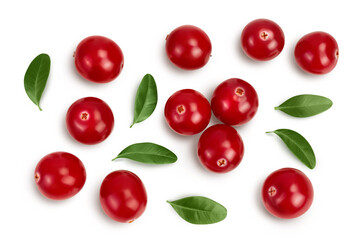 Cranberry with leaves isolated on white background with clipping path and full depth of field. Top view. Flat lay