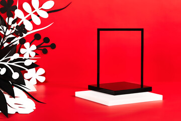  Abstract nature scene on trendy red background with black empty podium and handmade white and black paper cut flowers and leaves. Cosmetics, beauty product promotion mockup. Front view, copy space