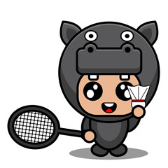 cute hippopotamus amphibian mascot costume character cartoon character playing badminton
