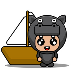 cute hippopotamus amphibian mascot costume character cartoon character boat ship