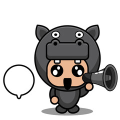 cute hippopotamus amphibian mascot costume character cartoon character holding megaphone