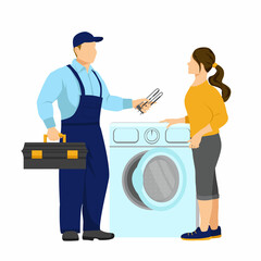 Repairman in uniform shows the girl a broken part of the washing machine. Worker holds a toolbox in his hand. Repair of household appliances. Vector Illustration in flat style on white background.