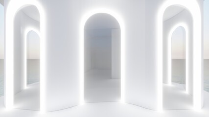 Fototapeta na wymiar Interior background light arched openings in an empty room with a sea view 3d rendering