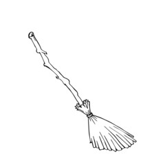 Witchs broom for Halloween. Holiday. Outline freehand drawn. Vector illustration isolated on white background. Separate objects. Stylized linear sketch. Coloring book page