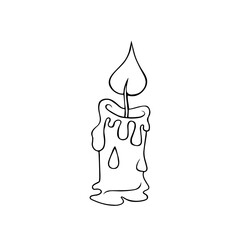 Candle for Halloween. Candlelight, fire, flame, wax. Vector illustration isolated on white background. Outline freehand drawn. Sketch. Separate objects. Coloring book page