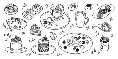  Line art sliced cake and cupcakes hand drawn outline illustration collection set.  Ink flat, design doodle sketches