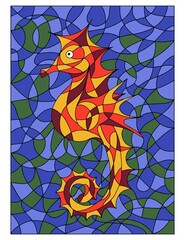 Illustration in stained glass style with Seahorse.