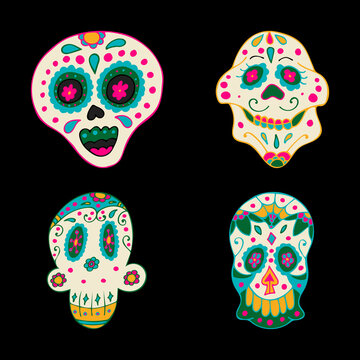 Sugar Skulls with Colorful Mexican Elements and Flowers.