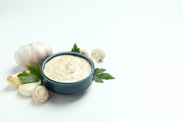 Concept of tasty food with mushroom sauce on white background