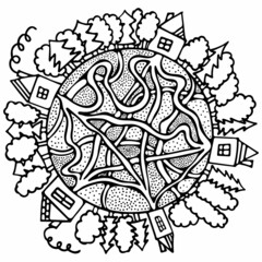 Black and White Vector Doodle Illustration with Pathway, House and Tree.