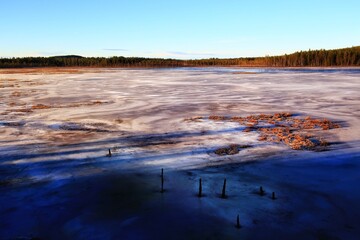 View over frozen Lake Fabodtrasket in northern Sweden