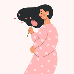 Portrait of beautiful young pregnant woman with flower. Concept of pregnancy and motherhood. Happy Mother's day. Modern maternity. Design for card, poster, web or print. Flat vector illustration.