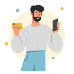 Young smiling man paying with a credit card through application on the phone. Concept of online shopping over the internet. Flat vector illustration isolated on white background.