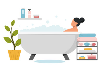 Woman taking a bubble bath in cozy bathroom. Concept of relaxation, leisure and rest. Hygiene and beauty. Flat vector illustration on white background.