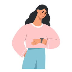 Young woman checking the time by looking at her wrist watch. Time management concept. Flat vector illustration isolated on white background.