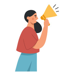 Young woman holding a speaker megaphone in her hand. The concept of a discount, promotion, advertising or sale. Design for banner, poster, flyer or web. Vector illustration on white background.