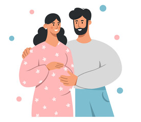 Young man hugging his beautiful pregnant wife. Young mother and father are waiting for the baby. Love and care for loved ones. Concept of pregnancy and parenthood. Flat vector illustration.