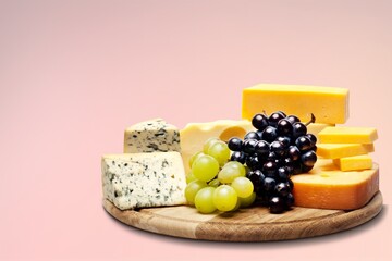 Different types of cheese. Cheeses mix Maasdam, dor blue, camembert, brie and grapes, walnuts, galeta.