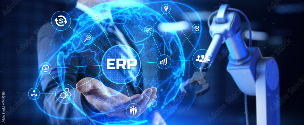 Poster erp enterprise resources planning. 3d render cobot robotic arm.