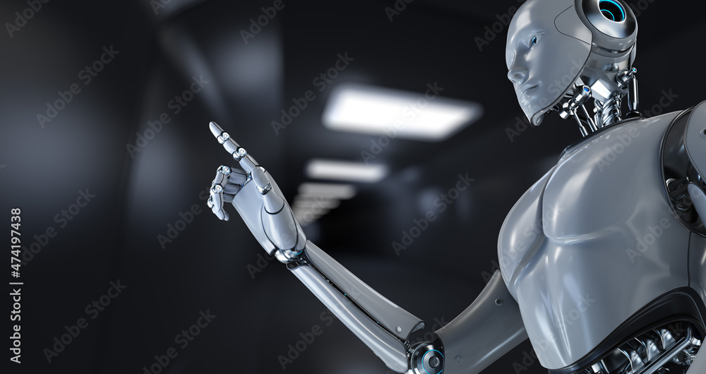 Poster robot cyborg 3d render on blurred background. innovation technology robotisation.