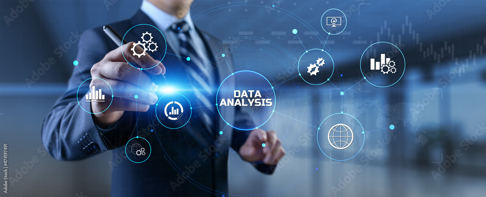 Poster businessman pressing virtual button data analysis text on screen.