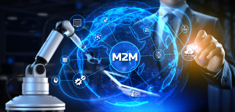 M2M machine-to-machine. Business industrial technology concept. Cobot 3d render.