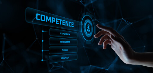 Competence skills business and personal development concept. Hand pressing button on screen.