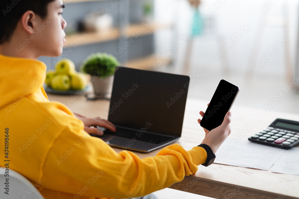 Poster Asian Man Using Smartphone With Black Empty Screen