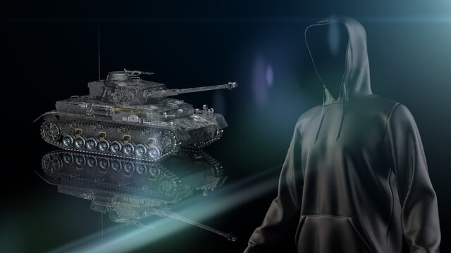 Metallic military tank and anonymous hacker with black hoodie on green flash flare lighting background. Concept image of power strength, dynamic strategy and Strong system. 3D illustration. 3D CG.