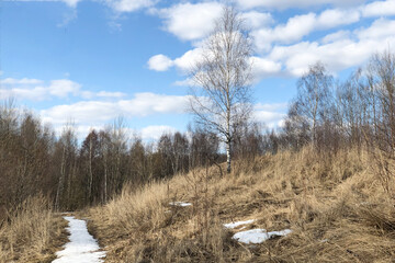 Early spring landscape with hill covered with dry grass and melting snow