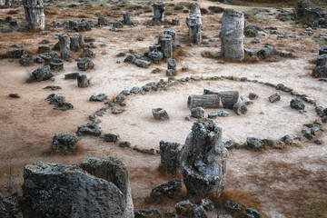 Stone circle of wishes at pobiti kamani, planted stones  unique sea bed rock formation phenomenon