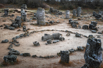 Stone circle of wishes at tranquil pobiti kamani, planted stones natural rock formation phenomenon
