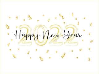 Happy New Year 2022. bright golden numbers and text hand lettering  with ribbons and stars on white background. Designed for celebration, greetings and invitations.