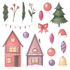 Christmas and New Year set of illustrations with snow covered house, an ornament, a fir-tree branch, holly, berries, a Santa hat, Christmas tree and lights. 