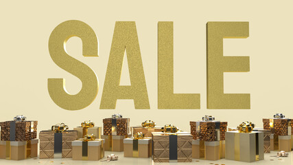 The sale gold text and gift box on  gold background 3d rendering