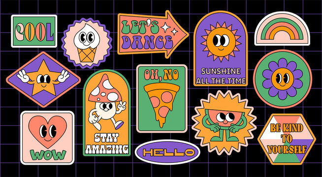 Fun groovy retro clipart elements set. 70s, 80s, 90s cartoon style. Patches, pins, stamps, stickers templates. Funny cute comic characters. Abstract trendy, vintage, nostalgic aesthetic background