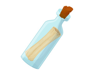 Message in the bottle. Glass bottle with paper roll inside. Pirates symbol.