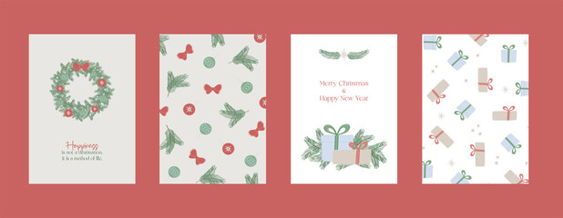 Merry Christmas and Happy New Year Set of backgrounds, greeting cards, posters, holiday covers. Christmas tree, balls, stars, sequins and elegant lettering. Trendy templates