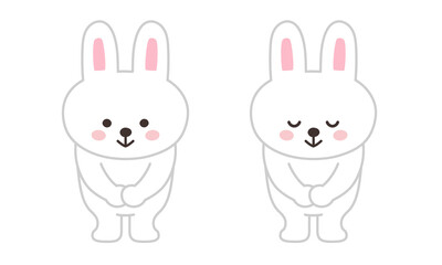 Set of rabbit bowing to someone. Vector illustration isolated on a white background.