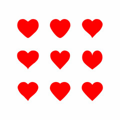 Set of red hearts icons. Design element for Valentines Day, wedding, birthday card etc. Heart icon collection, love symbols. Vector