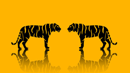 Fototapeta na wymiar Big tigers set. Collection of portraits of predatory wild cats. Illustration of standing tigers with reflection. Vector illustration