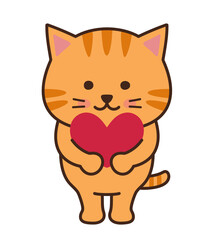 Tabby cat with a love heart. Vector illustration isolated on a white background.
