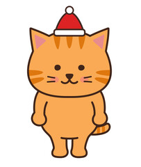 Tabby cat wearing a Santa hat happily. Vector illustration isolated on a white background.