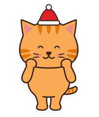 Tabby cat wearing a Santa hat happily. Vector illustration isolated on a white background.