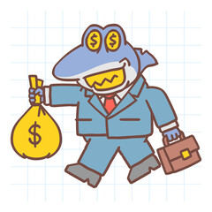 Boss shark holds bag of money holds suitcase and walks. Hand drawn character. Vector Illustration