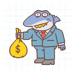 Boss shark holds bag of money holds suitcase and smiles. Hand drawn character. Vector Illustration