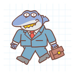 Boss shark holds suitcase smiles and walks. Hand drawn character. Vector Illustration